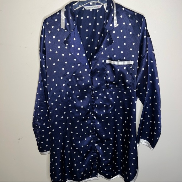 Victoria’s Secret Vintage Button Front Sleep Shirt Navy Polka Dotted Size Large - Picture 5 of 8